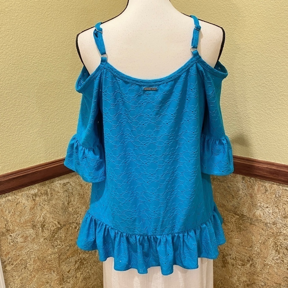 MICHAEL MICHAEL KORS Womens Blue Ruffled Elbow Sleeve Off Shoulder Top Sz Large - Picture 4 of 13